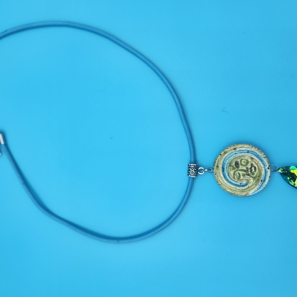 Green and Blue Face Ceramic Pendant Necklace With Crystal Dangle - Picture 5 of 6